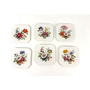 VTG Set of 6 Ceramic Coasters White with Various Floral Pattern 3.5" Cork Back